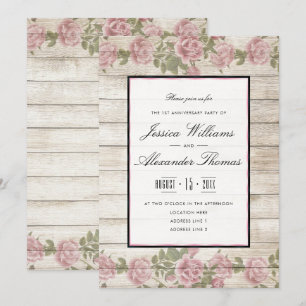 Rustic Roses & Wood Framed 1st Wedding Anniversary Invitation