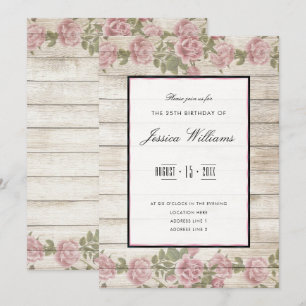Rustic Roses & Wood Framed 25th Birthday Party Invitation