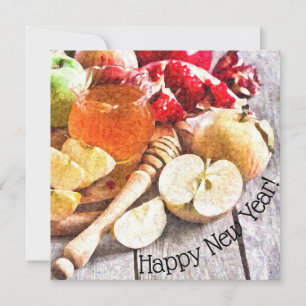 Rustic Rosh Hashanah Watercolor Apples and Honey Card