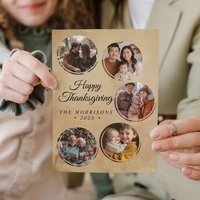 Rustic Round Collage 5 Photos Happy Thanksgiving Holiday Card (Creator Uploaded)