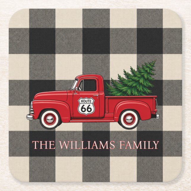 Rustic Route 66 Christmas Drink Style Square Paper Coaster (Front)