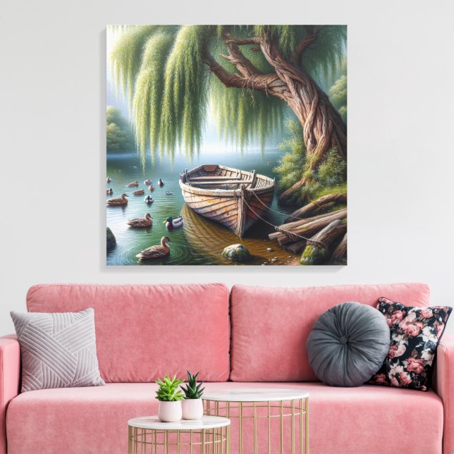 Rustic Rowboat Under a Willow Tree Canvas Print (Insitu(LivingRoom))