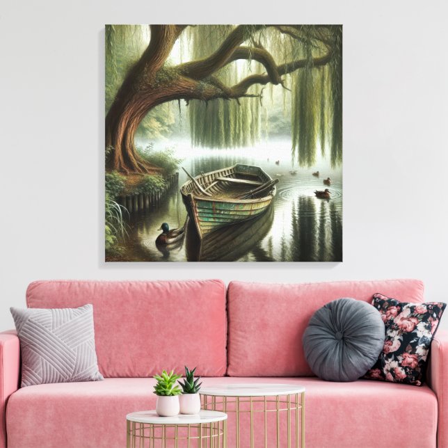 Rustic Rowboat Under a Willow Tree Canvas Print (Insitu(LivingRoom))