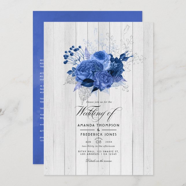 Rustic Royal Blue and Silver Floral Wedding Invitation (Front/Back)