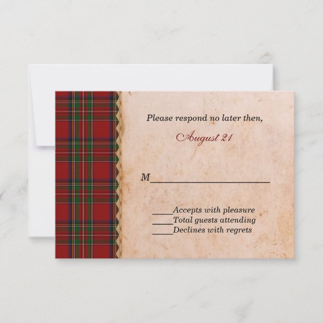 Rustic Royal Stewart Plaid Wedding RSVP Card (Front)