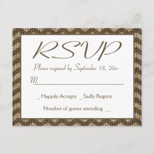Rustic RSVP Burlap Brown Chevron Stripe Wedding Invitation Postcard