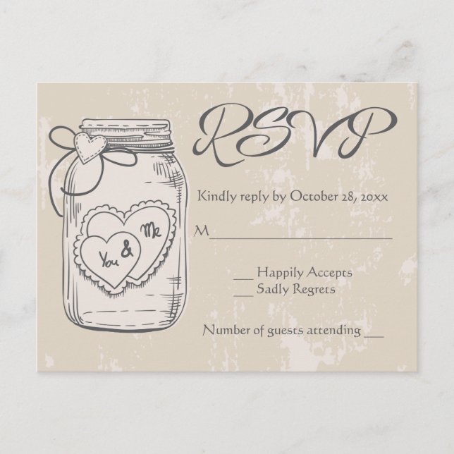 Rustic RSVP Mason Jar Hearts Brown Tan Wedding Invitation Postcard (Front)