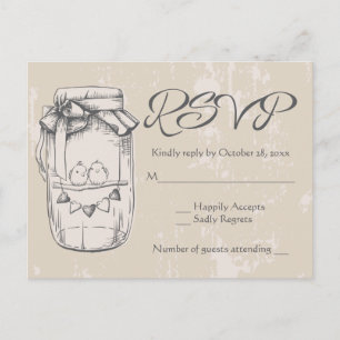 Rustic RSVP Mason Jars Lovebirds Tan Brown Wedding Invitation Postcard