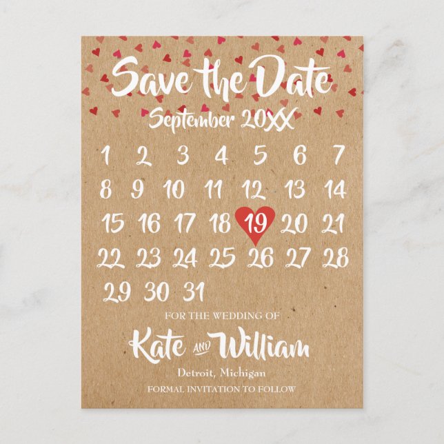 Rustic Ruby Red Love Heart Calendar Save the Date Announcement Postcard (Front)