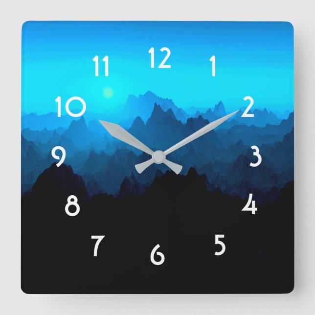 Rustic Rugged Blue Jagged Mountains Landscape Square Wall Clock (Front)