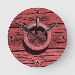 Rustic Rural Red Wood Wall Iron Ring Clock