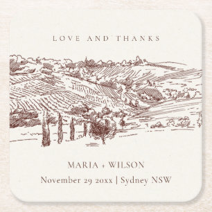 Rustic Rust Brown Winery Mountain Sketch Wedding Square Paper Coaster