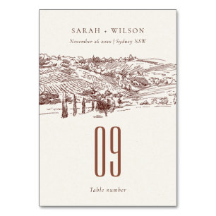 Rustic Rust Brown Winery Mountain Sketch Wedding Table Number
