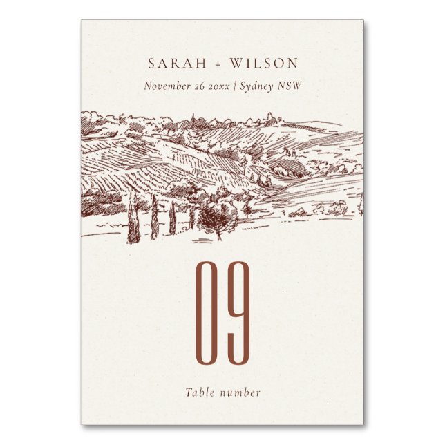 Rustic Rust Brown Winery Mountain Sketch Wedding Table Number (Front)