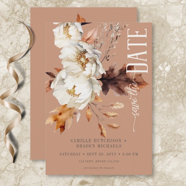 Rustic Rust Cream & Brown Fall Floral Save The Date (Rustic Rust Cream & Brown Fall Floral Save The Date)