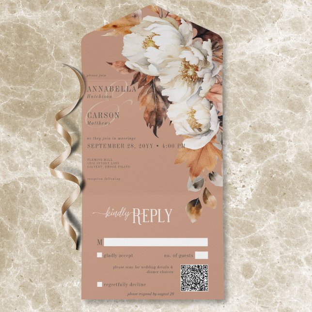 Rustic Rust & Cream Fall Floral & Leaves QR Code All In One Invitation (Rustic Rust & Cream Fall Floral & Leaves QR Code All In One Invitation)