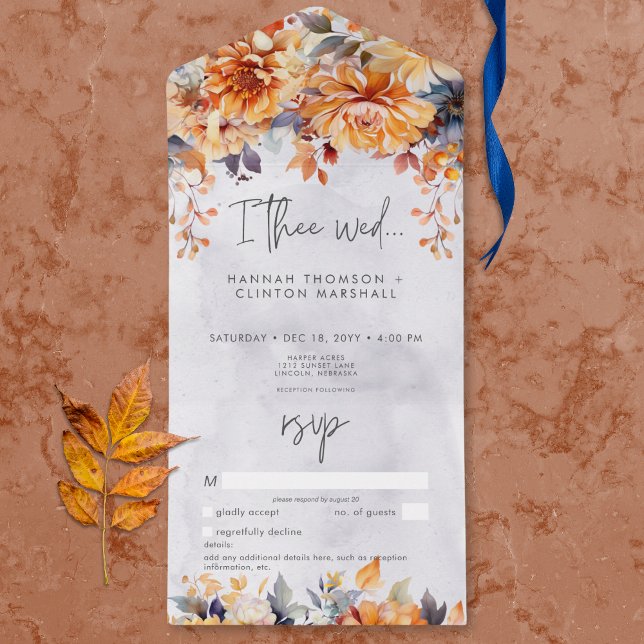 Rustic Rust & Navy Fall Floral Wedding No Dinner All In One Invitation (Rustic Winter Berries & Pine Wedding No Dinner All In One Invitation)