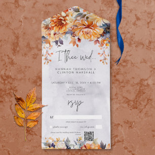 Rustic Rust & Navy Fall Floral Wedding QR Code All In One Invitation
