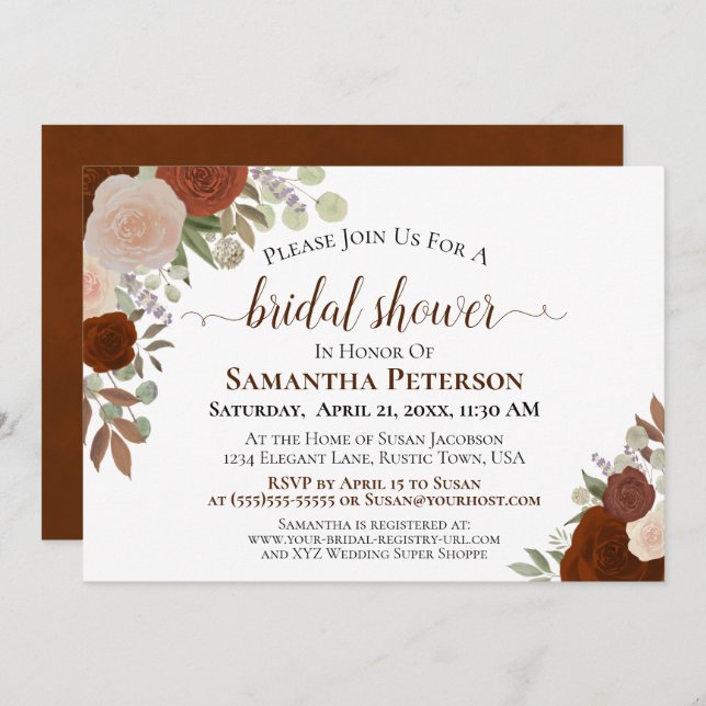 Rustic Rust Orange Floral Bridal Shower Invitation (Front/Back)