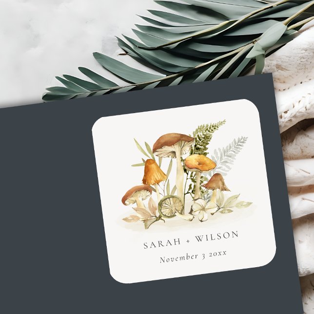 Rustic Rust Orange Mushroom Fern Foliage Wedding Square Sticker (Creator Uploaded)