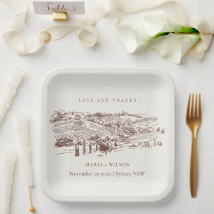 Rustic Rust Orange Winery Mountain Sketch Wedding Paper Plate