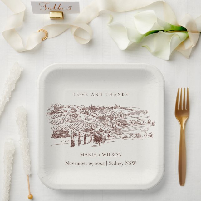 Rustic Rust Orange Winery Mountain Sketch Wedding Paper Plate (Wedding)
