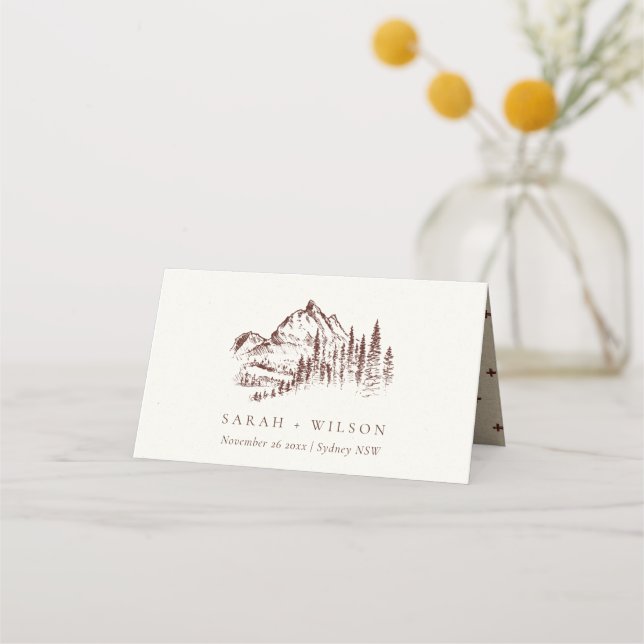 Rustic Rust Pine Woods Mountain Sketch Wedding Place Card (Front)
