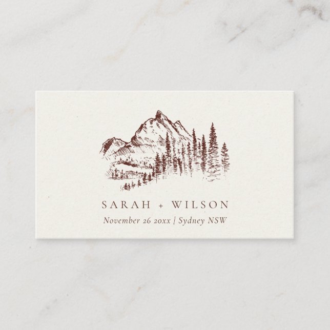 Rustic Rust Pine Woods Mountain Sketch Wedding Place Card (Front)