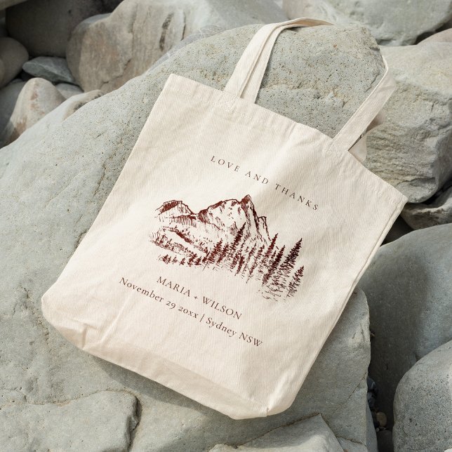 Rustic Rust Pine Woods Mountain Sketch Wedding Tote Bag (Creator Uploaded)