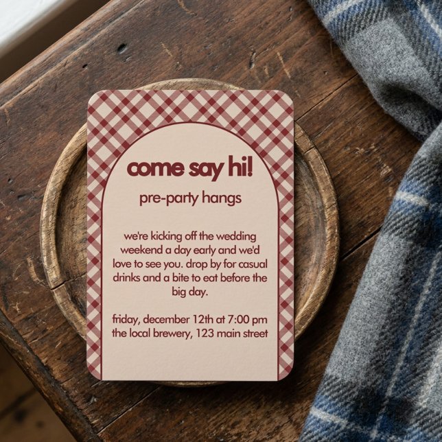 Rustic Rust Red Plaid Welcome Party Enclosure Card (Welcome Reception Party Card from the Rustic Red Plaid Western Wedding Suite by Darling & May)