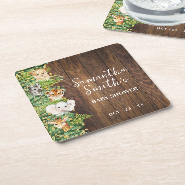 Rustic Safari Animals Gold Baby Shower Party Decor Square Paper Coaster (Angled)