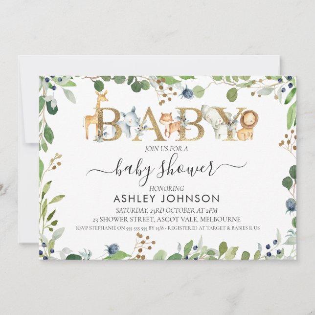 Rustic Safari Animals Word Baby Shower Invitation (Front)