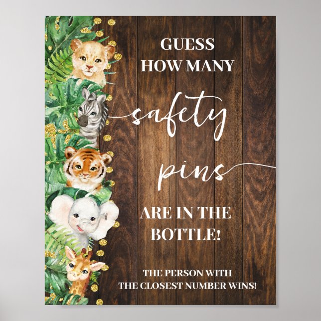 Rustic Safari How Many Safety Pin Baby Shower Game Poster (Front)