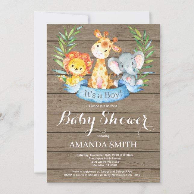 Rustic Safari Jungle Animals Boy Baby Shower Invitation (Front)