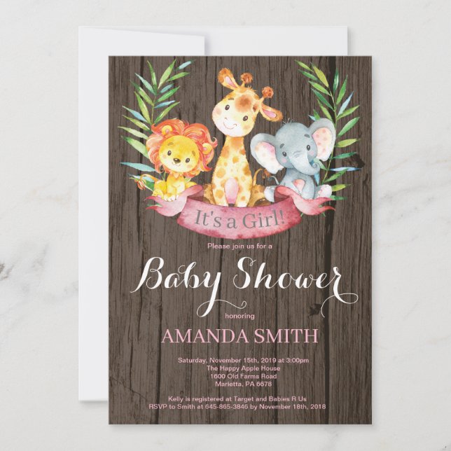 Rustic Safari Jungle Animals Girl Baby Shower Invitation (Front)
