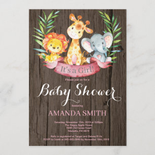 Rustic Safari Jungle Animals Girl Baby Shower Invitation