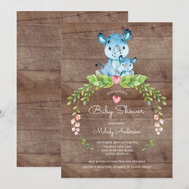 RUSTIC Safari Jungle Hippo Baby Shower Invitation (Front/Back)