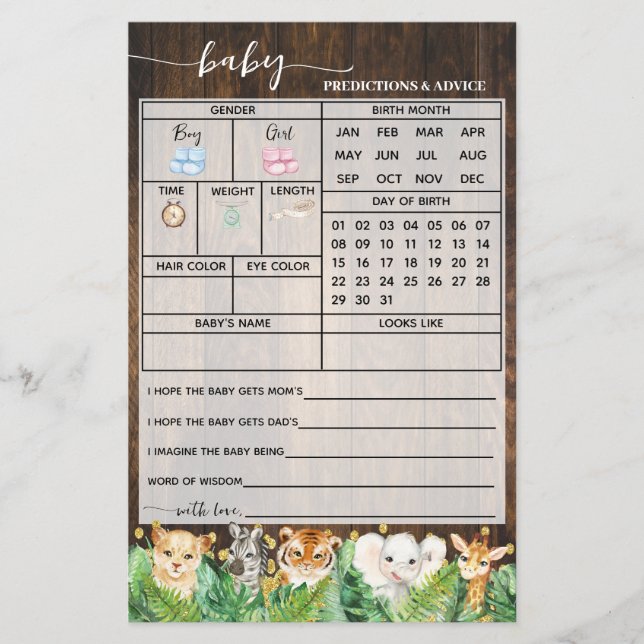 Rustic Safari Predictions Advice Baby Shower Card (Front)