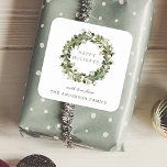 Rustic Sage Christmas Cotton Wreath Holiday Gift Square Sticker<br><div class="desc">Custom-designed holiday stickers/labels featuring personalized family name with rustic farmhouse style Christmas cotton wreath design.</div>