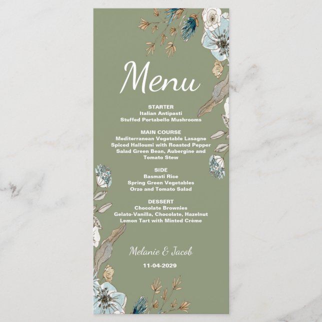 Rustic Sage floral 4x9 flat wedding Menu (Front)