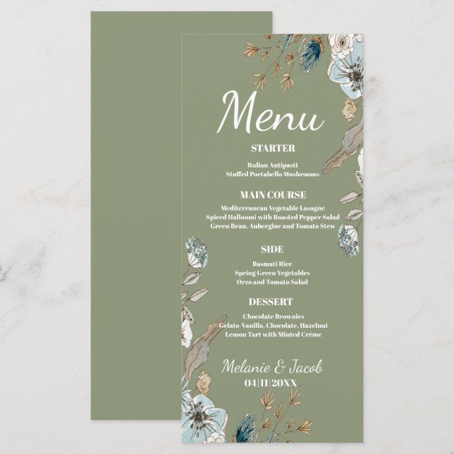 Rustic Sage floral 4x9 flat wedding Menu (Front/Back)