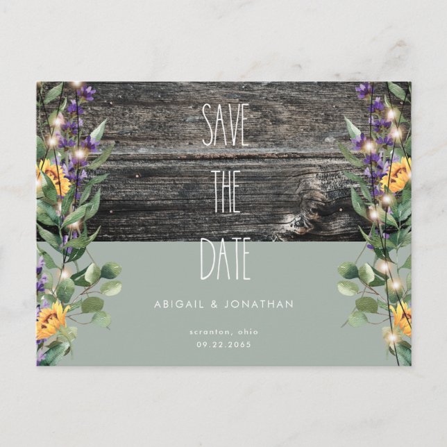 Rustic Sage Foliage Sunflower Save the Date  Postcard (Front)