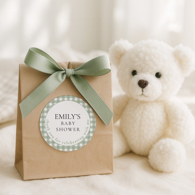 Rustic Sage Gingham Thank You Baby Shower  Classic Round Sticker (Creator Uploaded)