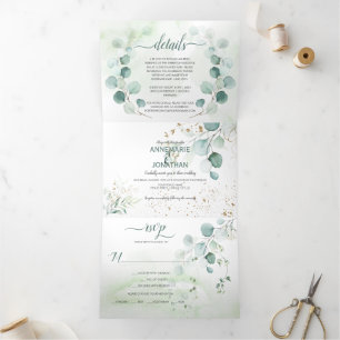 Rustic Sage & Gold Eucalyptus Botanicals Wedding   Tri-Fold Invitation