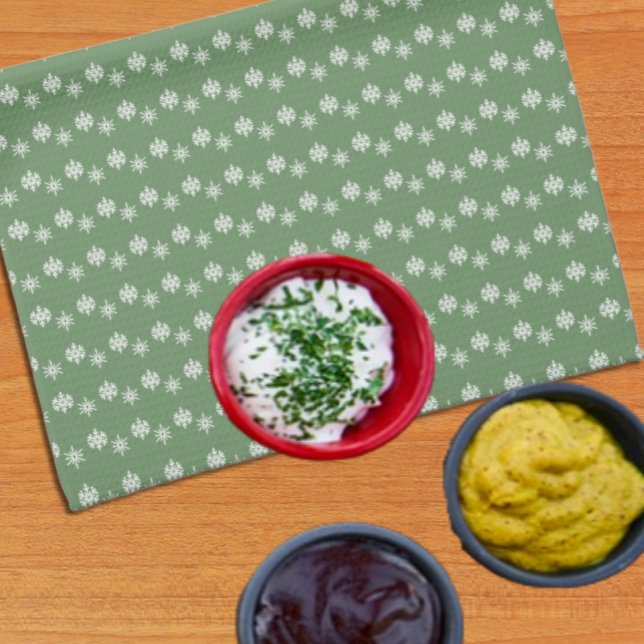 Rustic Sage Green and White Snowflakes Kitchen Towel (Creator Uploaded)