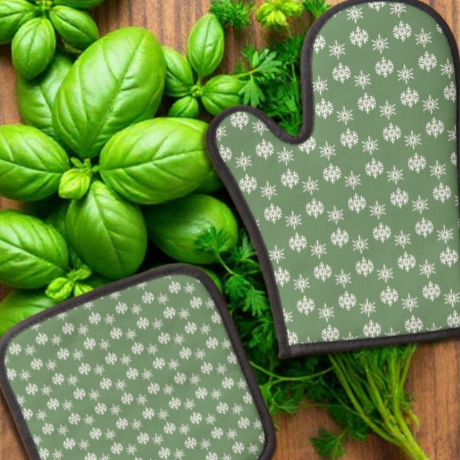 Rustic Sage Green and White Snowflakes Oven Mitt & Pot Holder Set (Creator Uploaded)