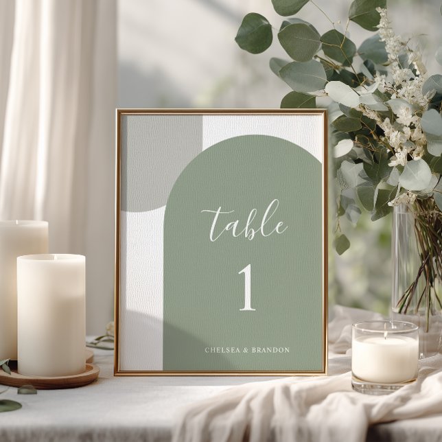 Rustic Sage Green Arch Minimal Script Boho Wedding Table Number (Creator Uploaded)