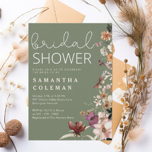 Rustic Sage Green Boho Wildfolwer Bridal Shower Invitation