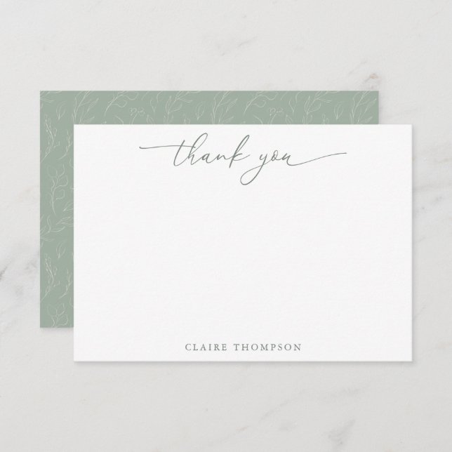 Rustic Sage Green Botanical Custom Script Name Thank You Card (Front/Back)
