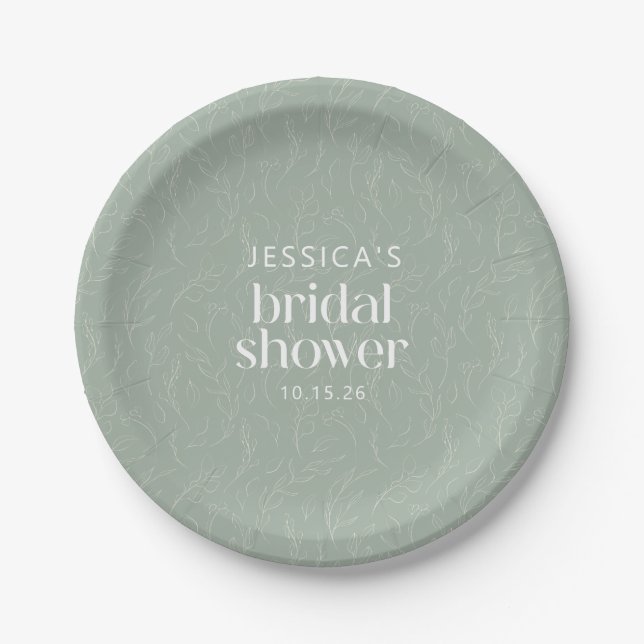 Rustic Sage Green Botanical Floral Bridal Shower  Paper Plate (Front)